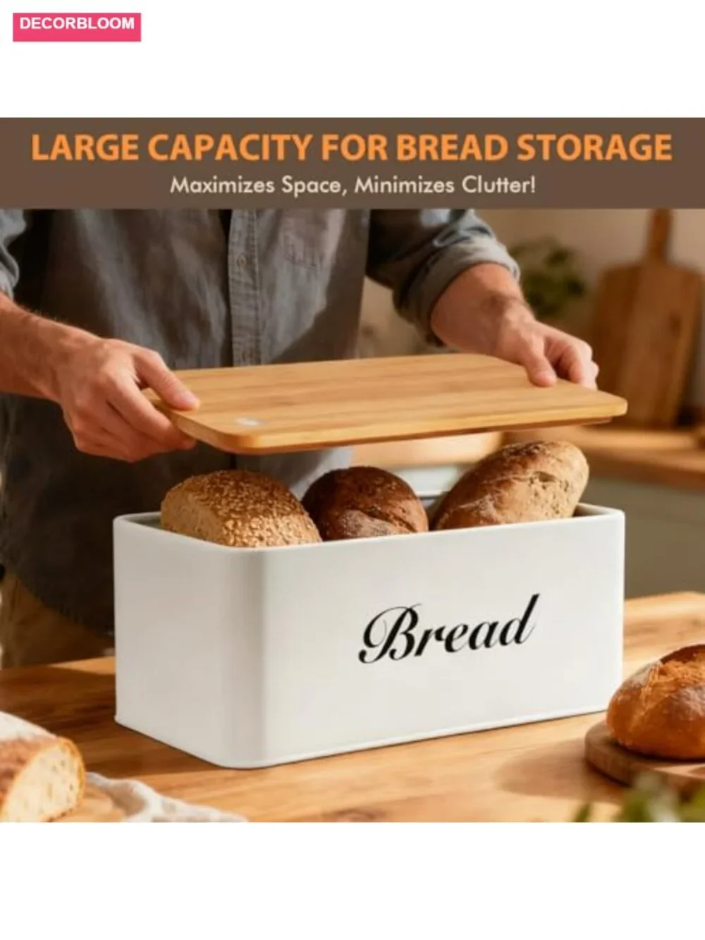 White Metal Bread Box with Bamboo Lid and One-Way Degassing Valve for Kitchen